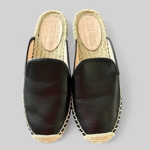 J. Crew Leather Espadrille Mules Women Size 6 Black Beige Slip Ons